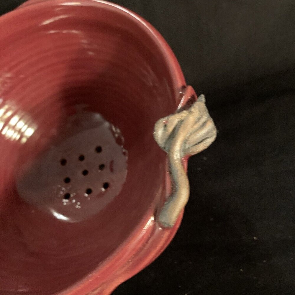 2 PC Handmade Maroon Stoneware Colander Leaf Handles Under Dish Janet Donnangelo - Picture 2 of 16